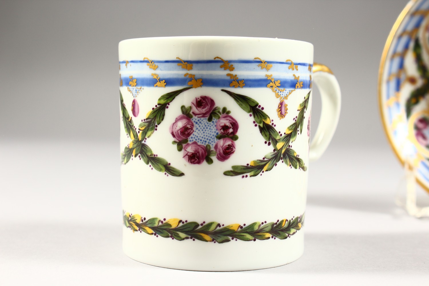 A GOOD 19TH CENTURY SEVRES COFFEE CAN AND SAUCER, painted with roses. Sevres mark and Initial C.C. - Image 2 of 10