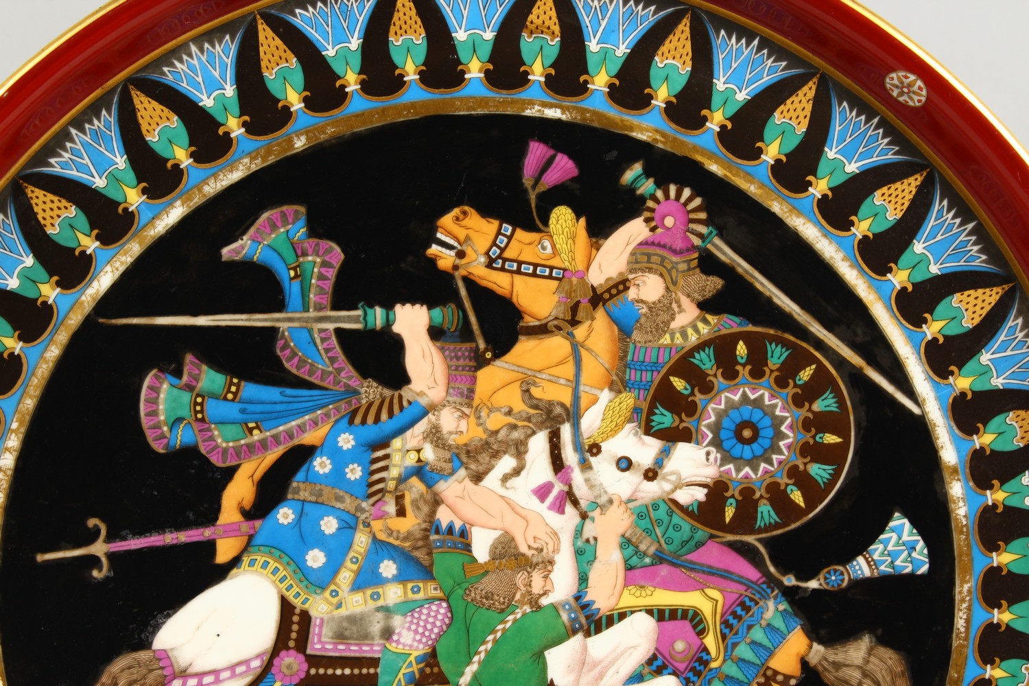 A SUPERB LARGE PORCELAIN CIRCULAR CHARGER, with a Russian scene of warriors on horseback. 18.5ins - Image 2 of 9