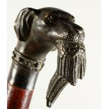 A GOOD WOODEN WALKING STICK with metal handle, dog with a pheasant.