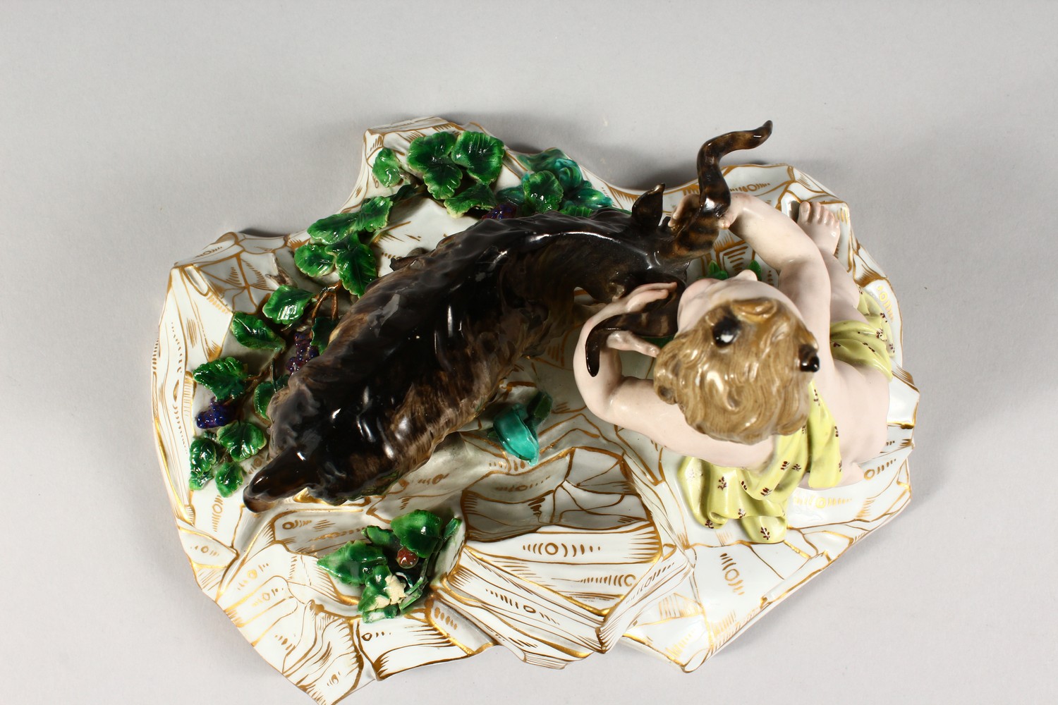 A GOOD MEISSEN PORCELAIN GROUP of a faun wrestling with a goat, on a gilt encrusted base. Incised - Image 5 of 8