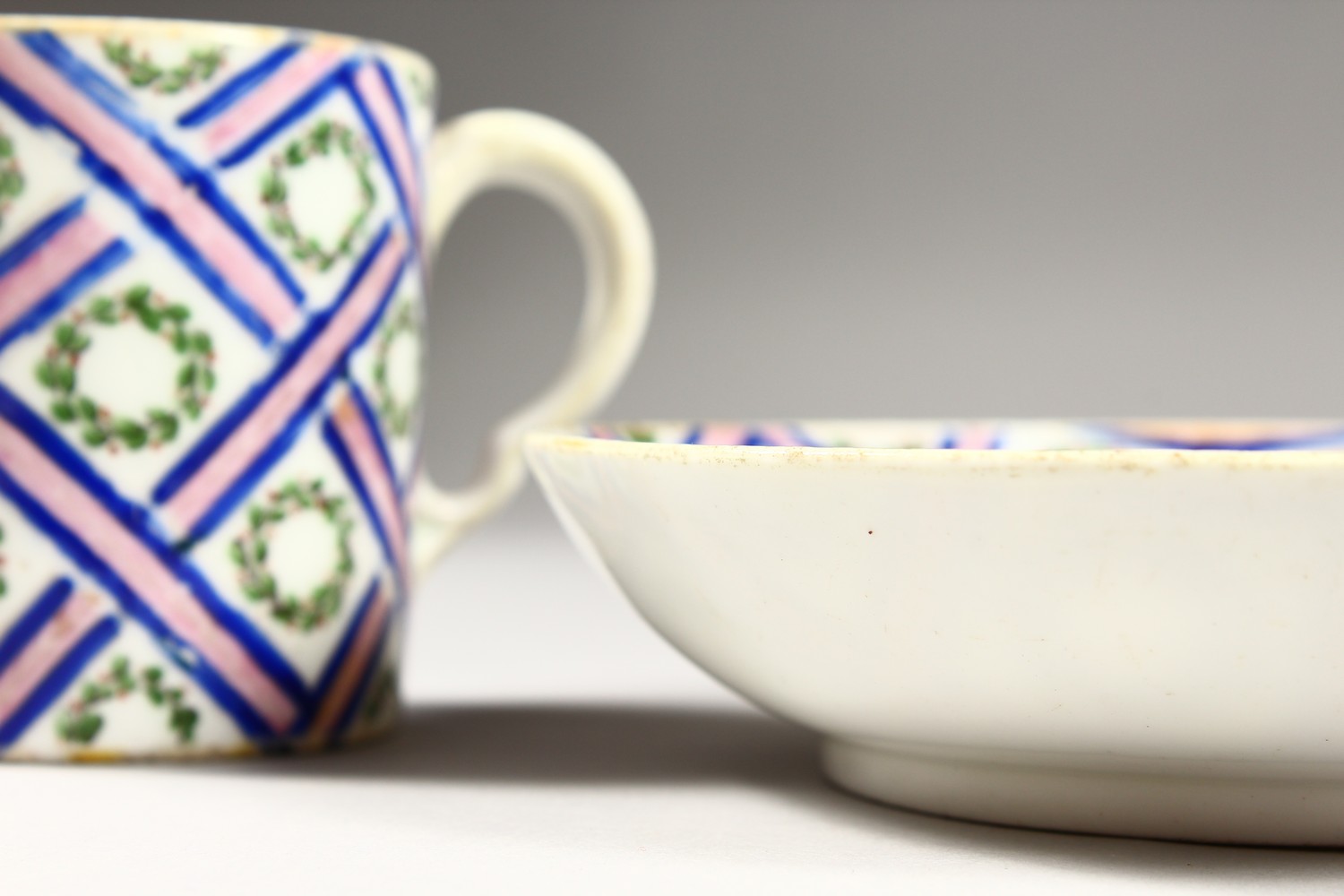 A GOOD 19TH CENTURY SEVRES COFFEE CAN AND SAUCER, blue crosshatch decoration with a laurel wreath. - Image 10 of 11