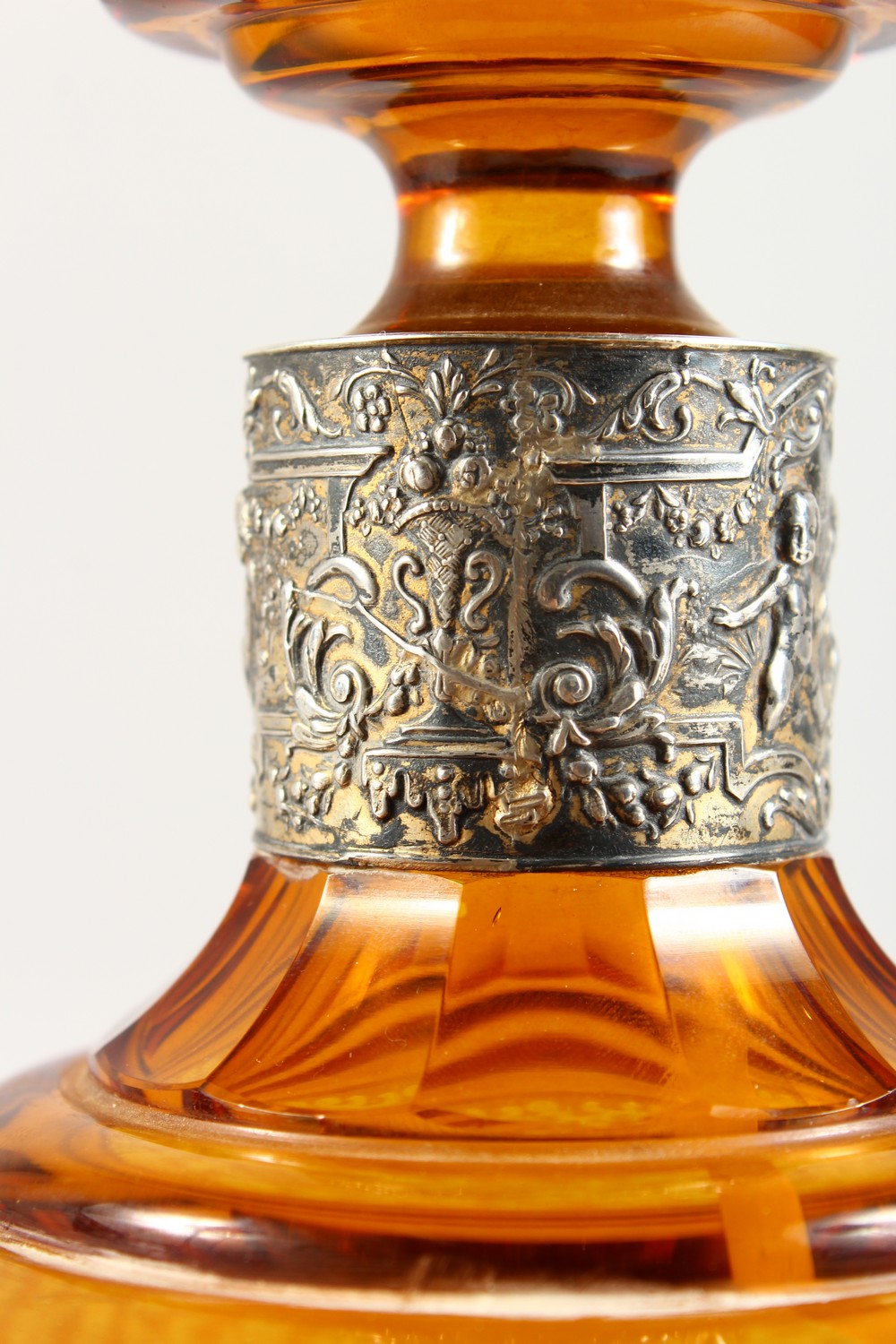 A BOHEMIAN AMBER ENGRAVED SCENT BOTTLE AND STOPPER, with silver band. 10ins high. - Image 7 of 15