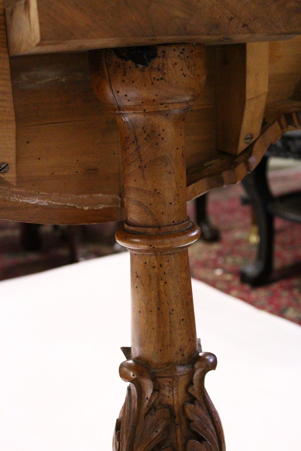 A "BLACK FOREST" WALNUT AND MARQUETRY TRIPOD TABLE, the shaped top inlaid with a scene of mountain - Image 7 of 7