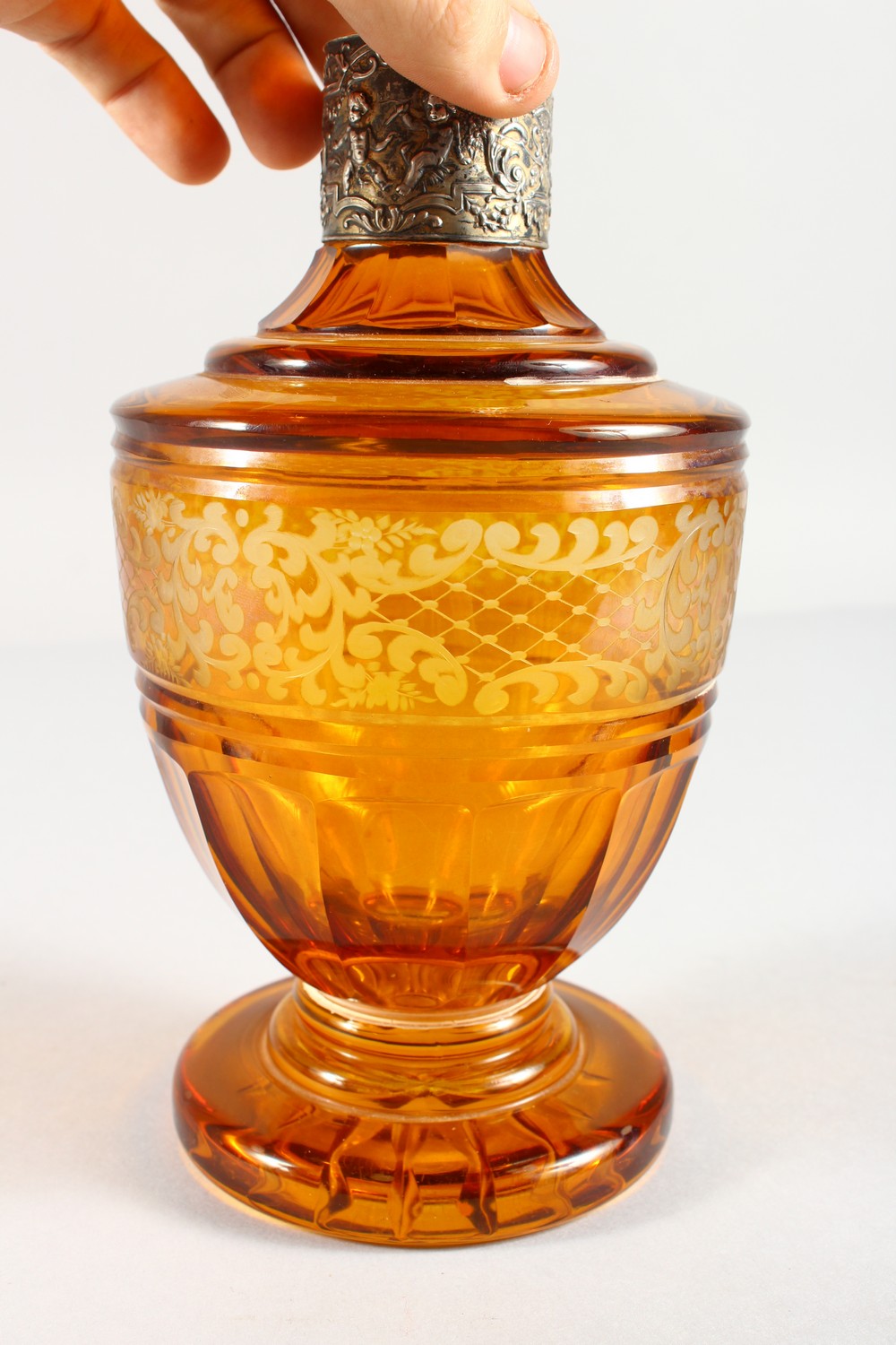 A BOHEMIAN AMBER ENGRAVED SCENT BOTTLE AND STOPPER, with silver band. 10ins high. - Image 10 of 15