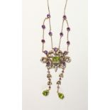 A SUPERB 9CT GOLD NECKLACE, set with amethysts, peridot and pearls.