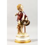 A 19TH CENTURY MEISSEN PORCELAIN FIGURE OF A BOY ON CRUTCHES. Cross swords mark in blue. Incised