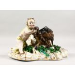 A GOOD MEISSEN PORCELAIN GROUP of a faun wrestling with a goat, on a gilt encrusted base. Incised