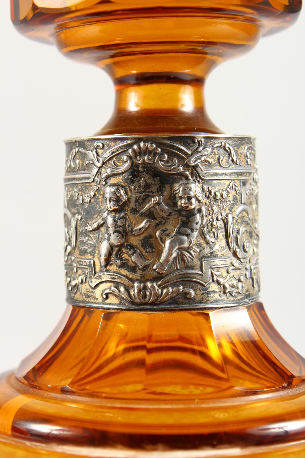 A BOHEMIAN AMBER ENGRAVED SCENT BOTTLE AND STOPPER, with silver band. 10ins high. - Image 6 of 15