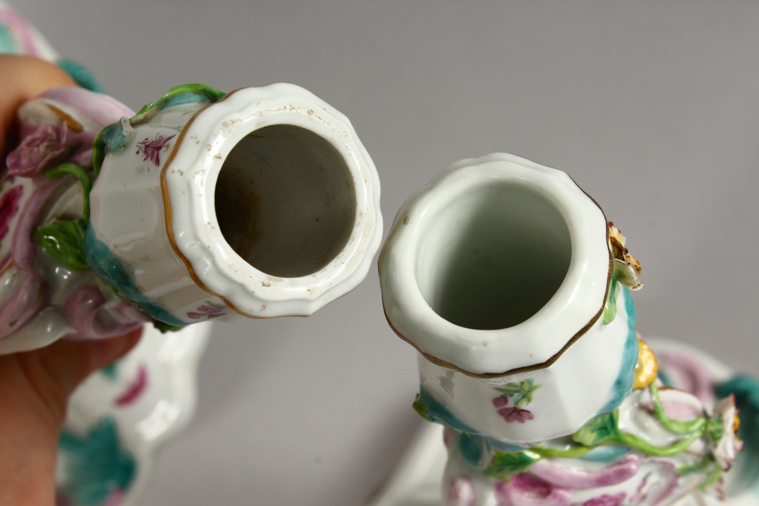 A GOOD PAIR OF 19TH CENTURY MEISSEN CANDLESTICKS, with scrolls, painted and encrusted with flowers - Image 5 of 12