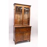 A GEORGE III MAHOGANY SECRETAIRE CUPBOARD BOOKCASE, with moulded cornice, pair of astragal glazed