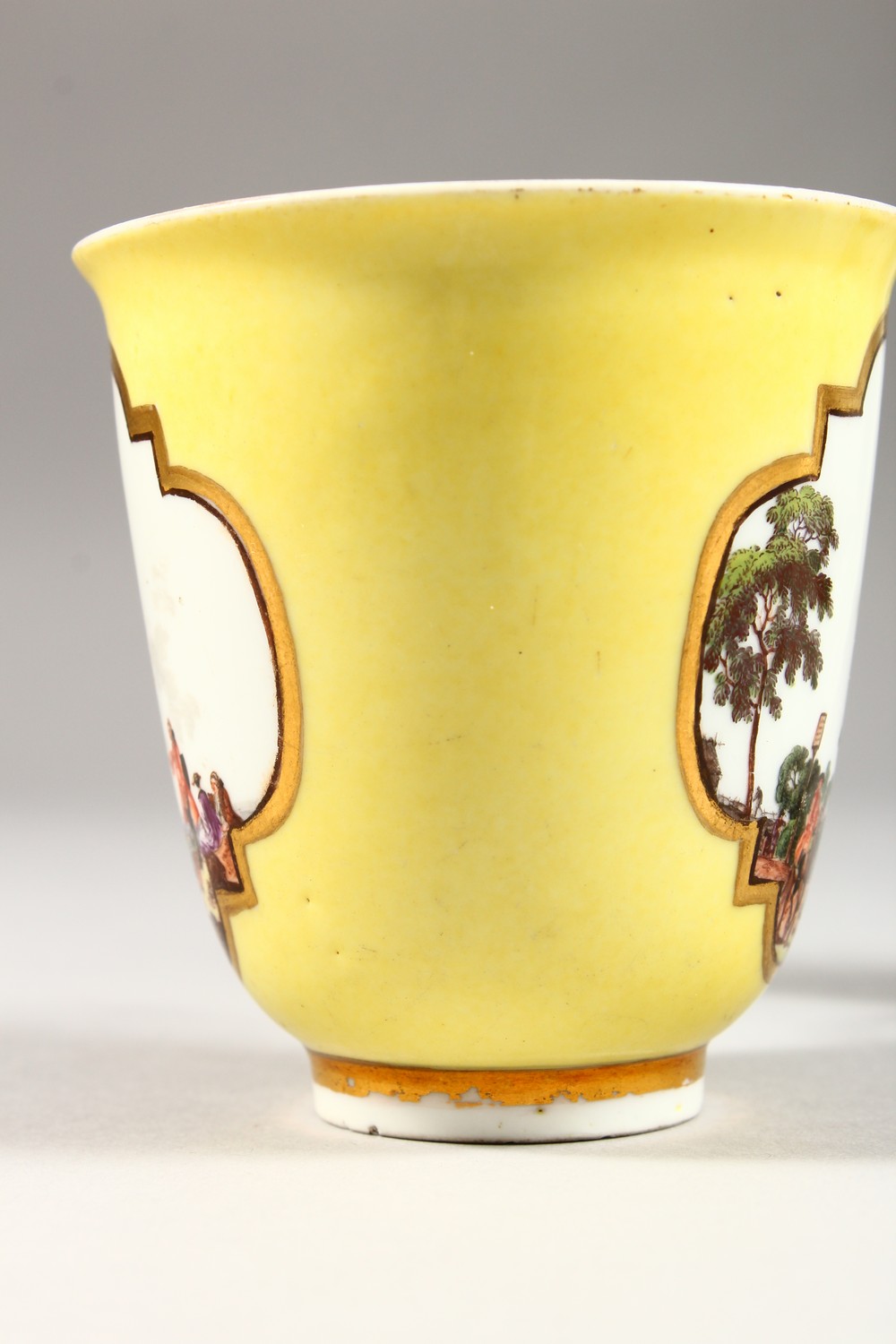 A SUPERB 18TH CENTURY MEISSEN CUP AND SAUCER, with yellow ground, the cup painted with two landscape - Image 5 of 13