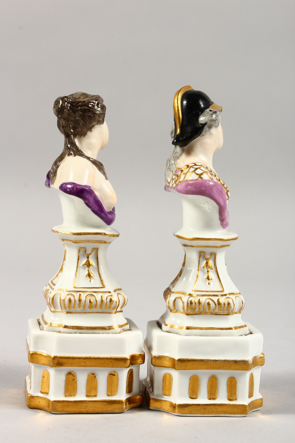 A PAIR OF 19TH CENTURY CONTINENTAL PORCELAIN BUSTS OF A MAN AND WOMAN. Mark in blue. 4.5ins high. - Image 4 of 6