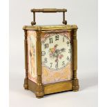 A BRASS CARRIAGE CLOCK, with Sevres style porcelain panels. 6.5ins high.