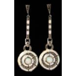 A PAIR OF SILVER ART DECO DESIGN GILSON OPAL DROP EARRINGS.