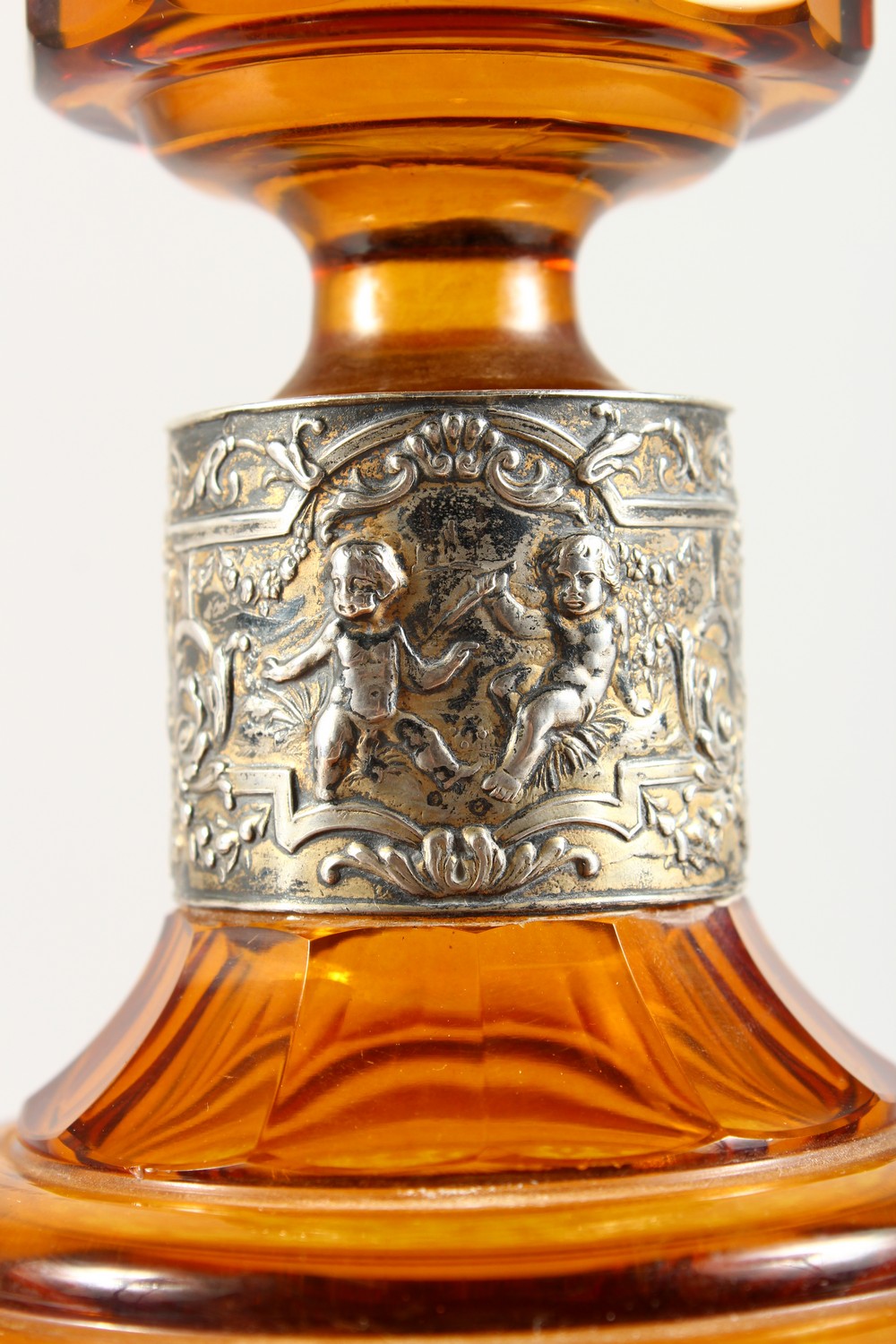 A BOHEMIAN AMBER ENGRAVED SCENT BOTTLE AND STOPPER, with silver band. 10ins high. - Image 4 of 15