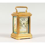 A MINIATURE BRASS CARRIAGE CLOCK, with Sevres style porcelain panels. 3.5ins high.