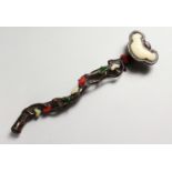 A SMALL BRONZE RUI SCEPTRE, inlaid with hardstones. 10.75ins long.