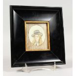 A PORTRAIT MINIATURE OF A YOUNG GIRL IN A HAT, in an ebonised frame. Frame: 7ins x 6.5ins.