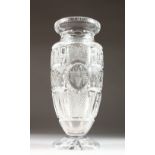 A VERY GOOD CUT GLASS AND ENGRAVED FLOWER VASE. 13ins high.