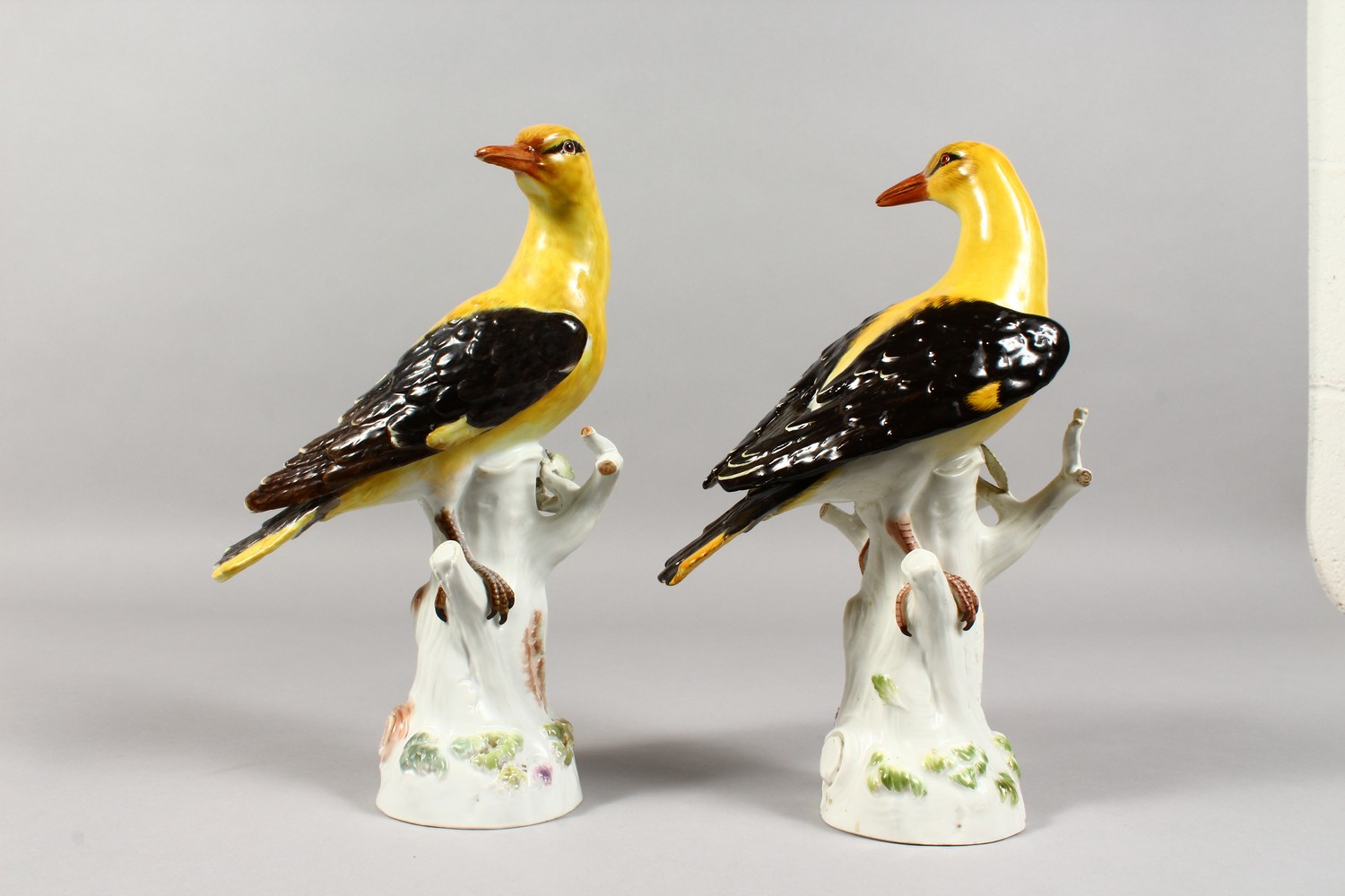 A VERY GOOD PAIR OF 19TH CENTURY MEISSEN BIRDS "GOLDEN ORIOLES" standing on encrusted tree stumps. - Image 4 of 18