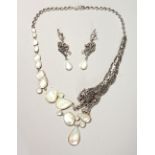 A SILVER, MARCASITE AND PEARL NECKLACE AND EARRINGS.