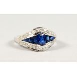 AN ART DECO DESIGN SAPPHIRE AND DIAMOND RING.