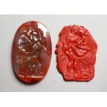 A 19TH CENTURY EUROPEAN CARVED AGATE EROTIC PLAQUE, which produces an erotic cameo. Wax example