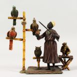 A VIENNA STYLE COLD PAINTED BRONZE GROUP, a man feeding parrots with a monkey at his side. 7ins