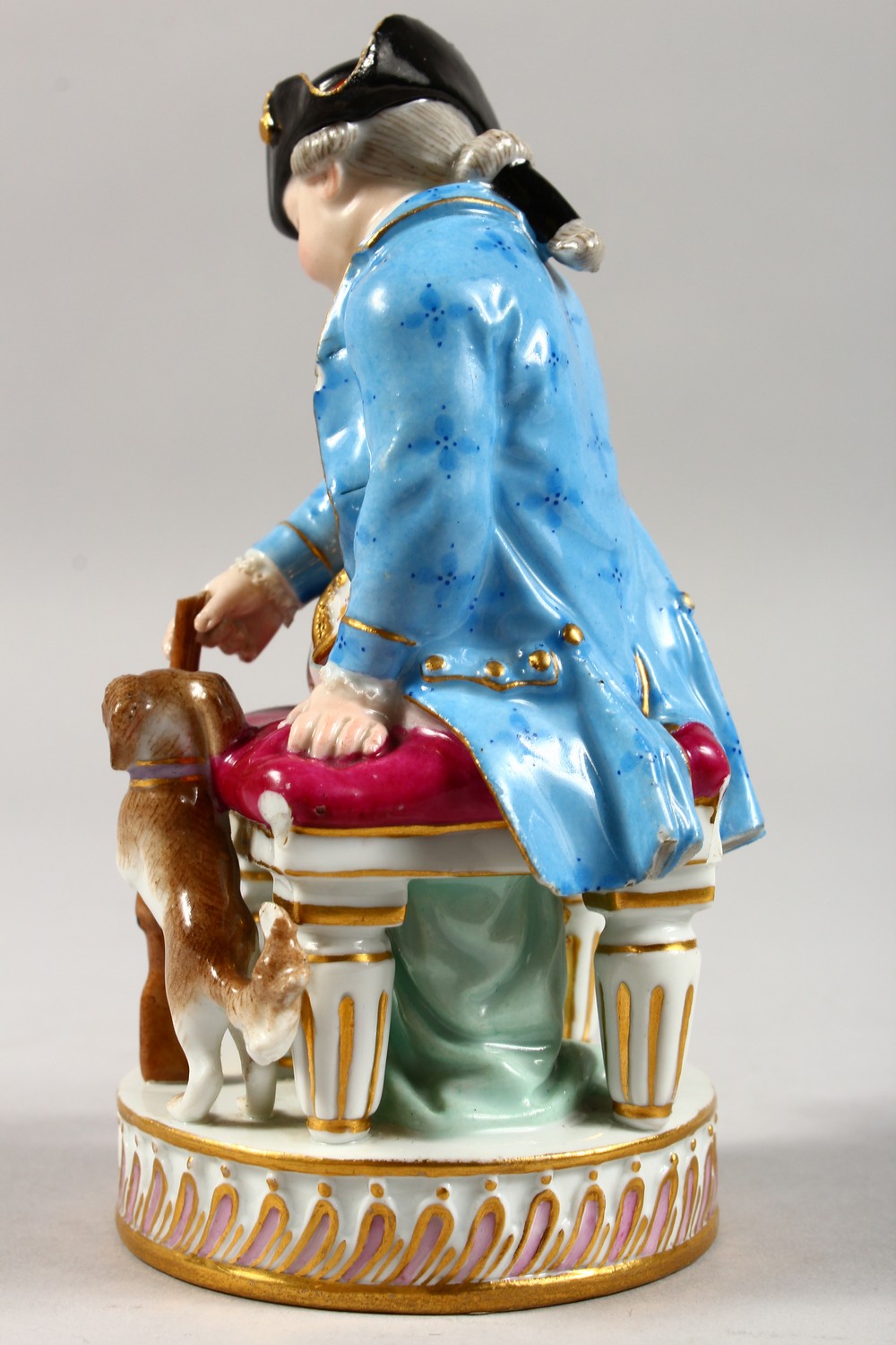 A 19TH CENTURY MEISSEN PORCELAIN FIGURE OF A BOY, seated on a stool holding a gun, dog by his - Image 2 of 13