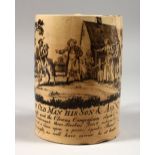 A 19TH CENTURY CREAM WARE TANKARD "The Old Man, His Son & Ass..." 5ins high.