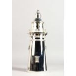 A NOVELTY SILVER PLATED LIGHTHOUSE COCKTAIL SHAKER. 14ins high.