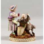 A 19TH CENTURY MEISSEN PORCELAIN GROUP OF A YOUNG BOY AND GIRL, holding fruiting vines, with a