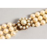 A TRIPLE ROW OF PEARLS, with 9ct gold and pearl cluster clasp.