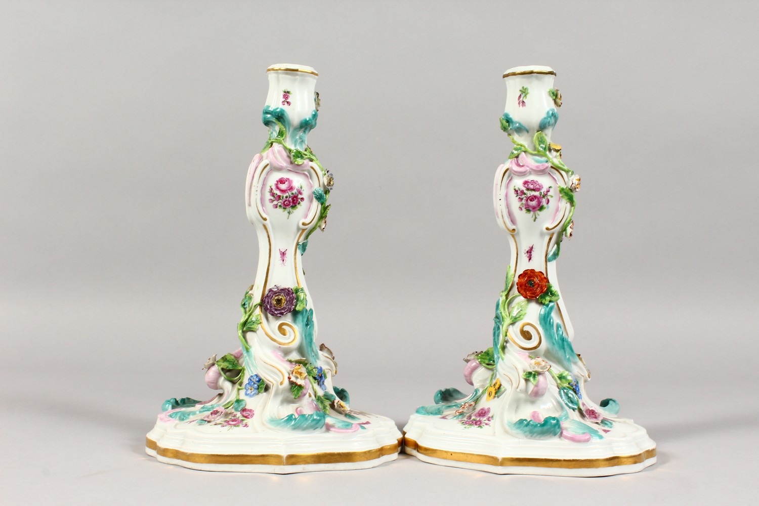 A GOOD PAIR OF 19TH CENTURY MEISSEN CANDLESTICKS, with scrolls, painted and encrusted with flowers - Image 3 of 12