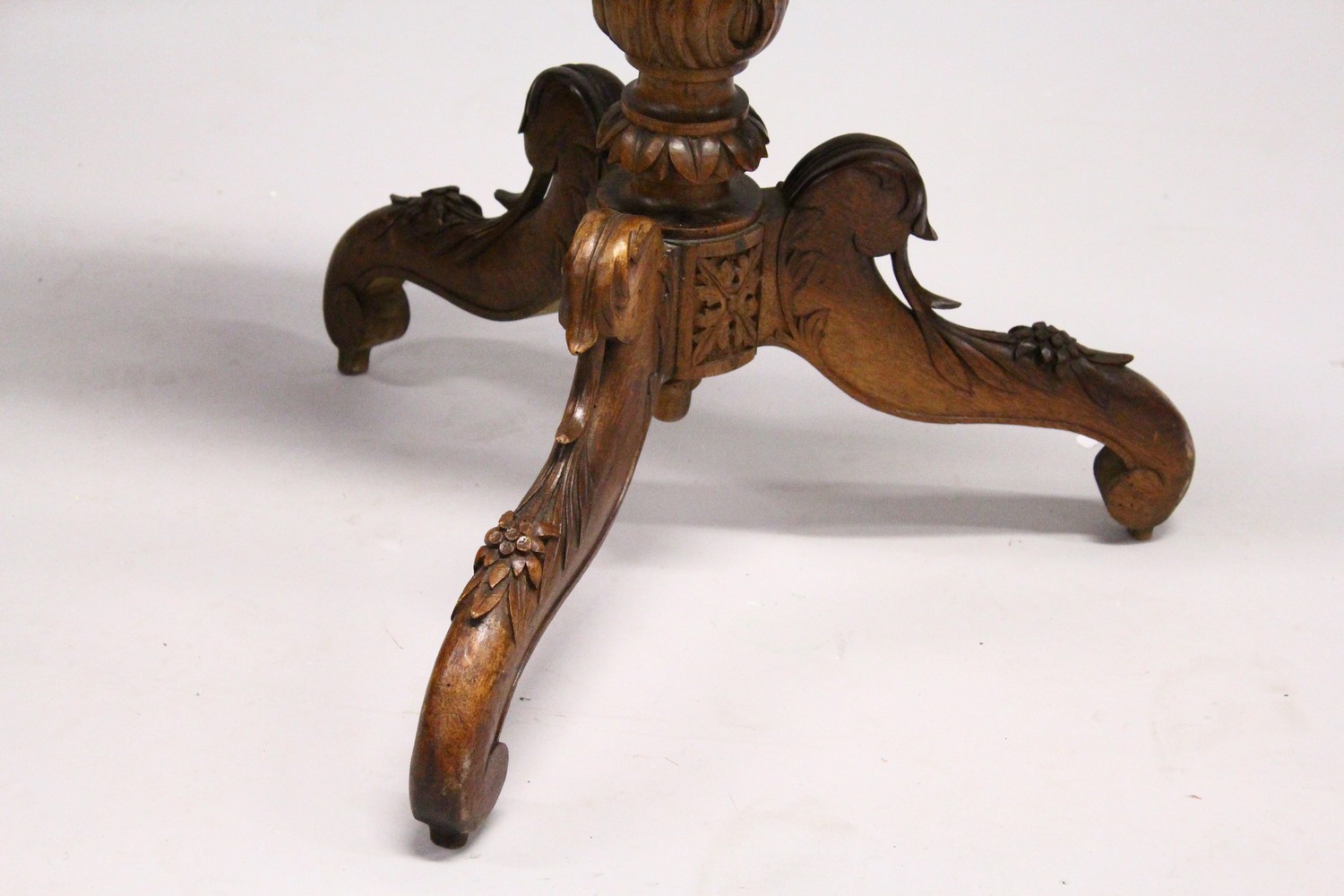 A "BLACK FOREST" WALNUT AND MARQUETRY TRIPOD TABLE, the shaped top inlaid with a scene of mountain - Image 3 of 7