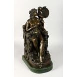 A BRONZE CLASSICAL GROUP, a semi nude female figure seated on a chair, a cherub by her side, on a