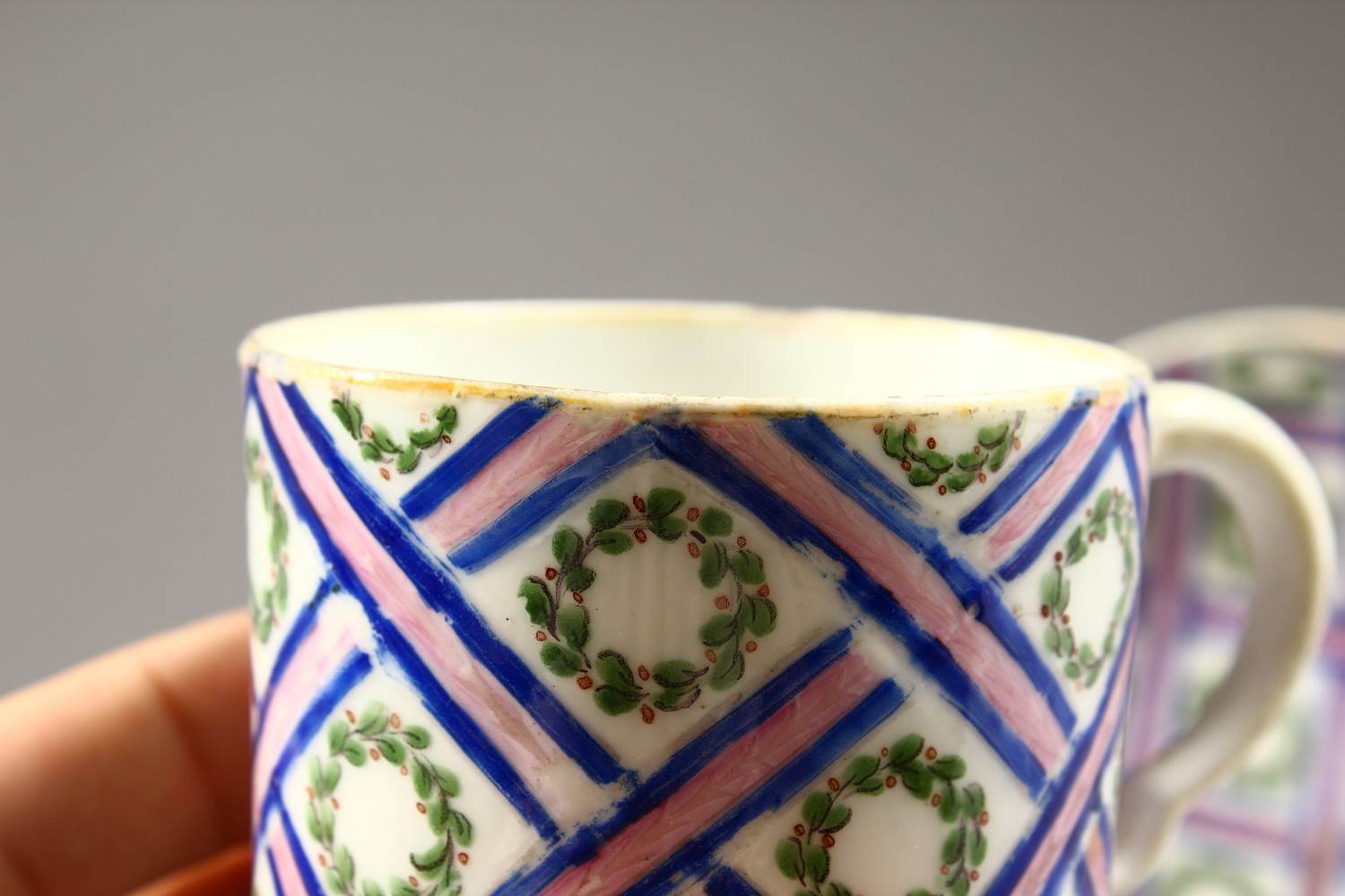 A GOOD 19TH CENTURY SEVRES COFFEE CAN AND SAUCER, blue crosshatch decoration with a laurel wreath. - Image 5 of 11