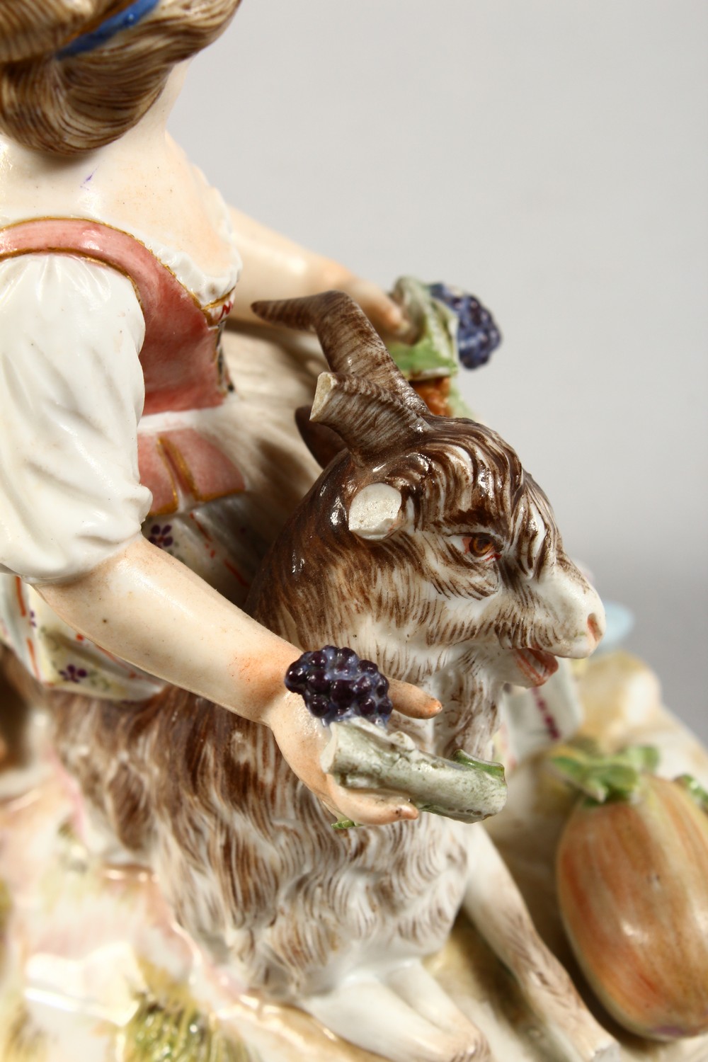 A 19TH CENTURY MEISSEN PORCELAIN GROUP OF A BOY AND GIRL, with goat and fruiting vines. Cross swords - Image 8 of 10