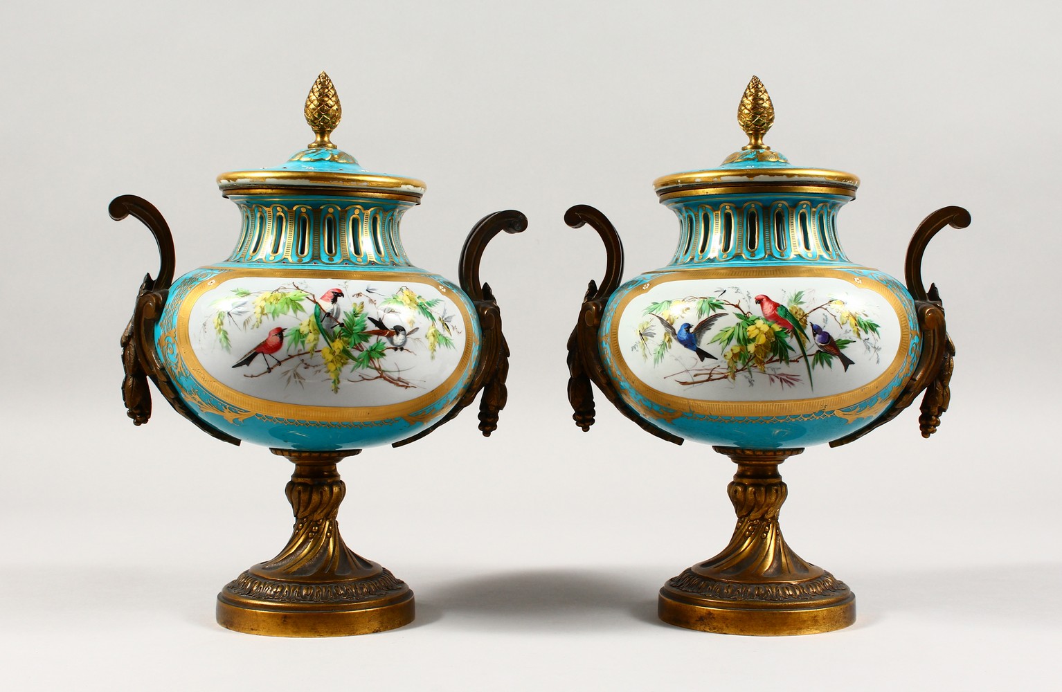 A SUPERB PAIR OF 19TH CENTURY SEVRES PORCELAIN URNS AND COVERS, pale blue ground, painted with