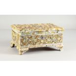 A VERY GOOD MOTHER-OF-PEARL MOUNTED JEWELLERY BOX, with velvet interior, on bracket feet. 10ins