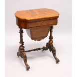 A VICTORIAN WALNUT COMBINATION GAMES/WORK TABLE, with folding top revealing chess, backgammon and
