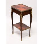 A SMALL LATE 19TH CENTURY FRENCH MAHOGANY AND ORMOLU TABLE, with a drawer to one end, on slender