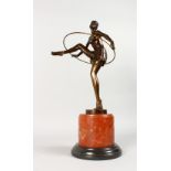 AN ART DECO STYLE BRONZE OF A FEMALE DANCER, "THE HOOP GIRL", on a marble base. 19ins high.