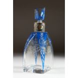 A BOHEMIAN BLUE ENGRAVED SCENT BOTTLE AND STOPPER, with silver and enamel band. 11ins high.
