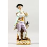 A 19TH CENTURY MEISSEN PORCELAIN FIGURE OF A GALLANT, standing beside a tree stump with a pigeon.