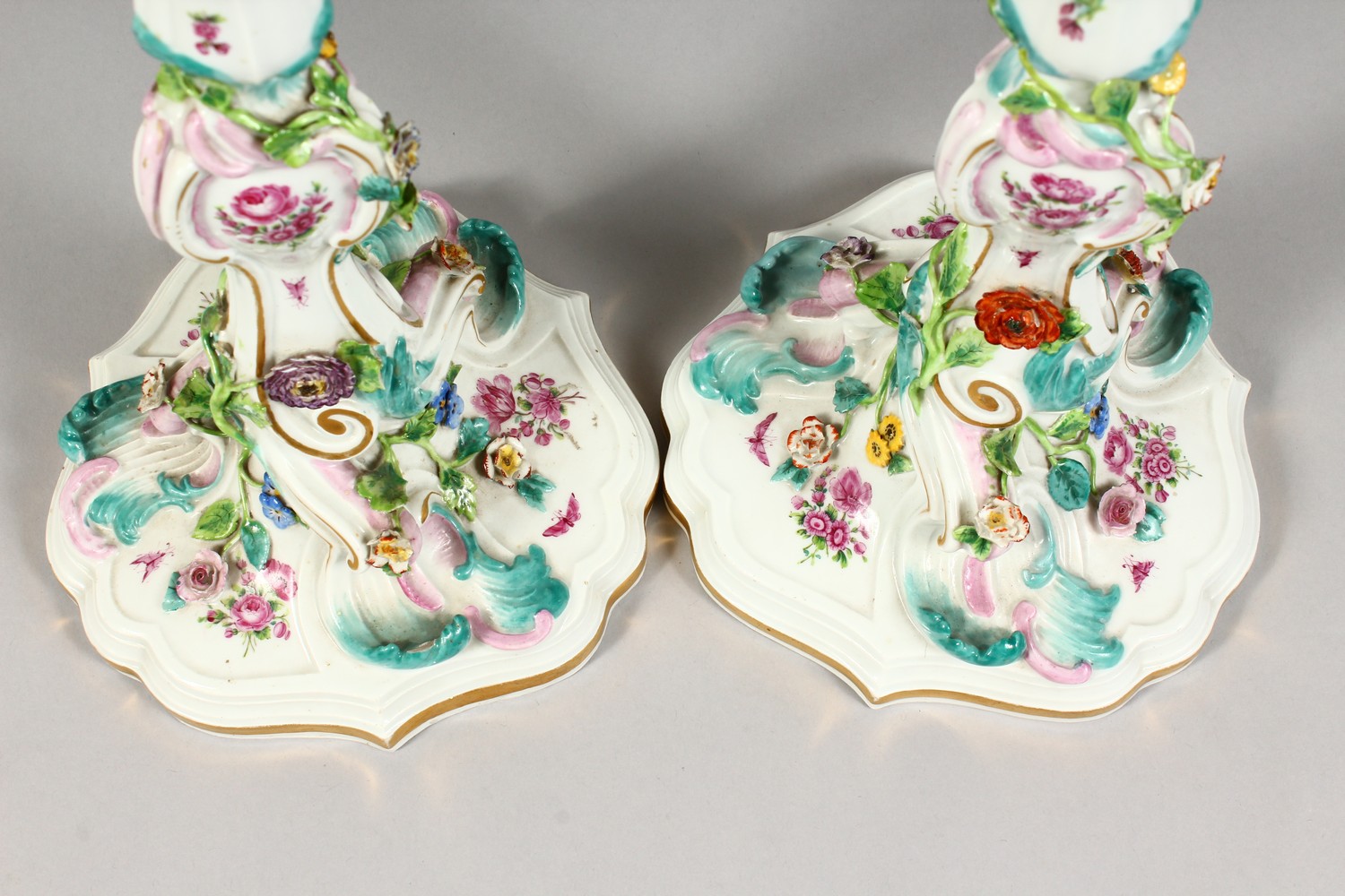 A GOOD PAIR OF 19TH CENTURY MEISSEN CANDLESTICKS, with scrolls, painted and encrusted with flowers - Image 4 of 12