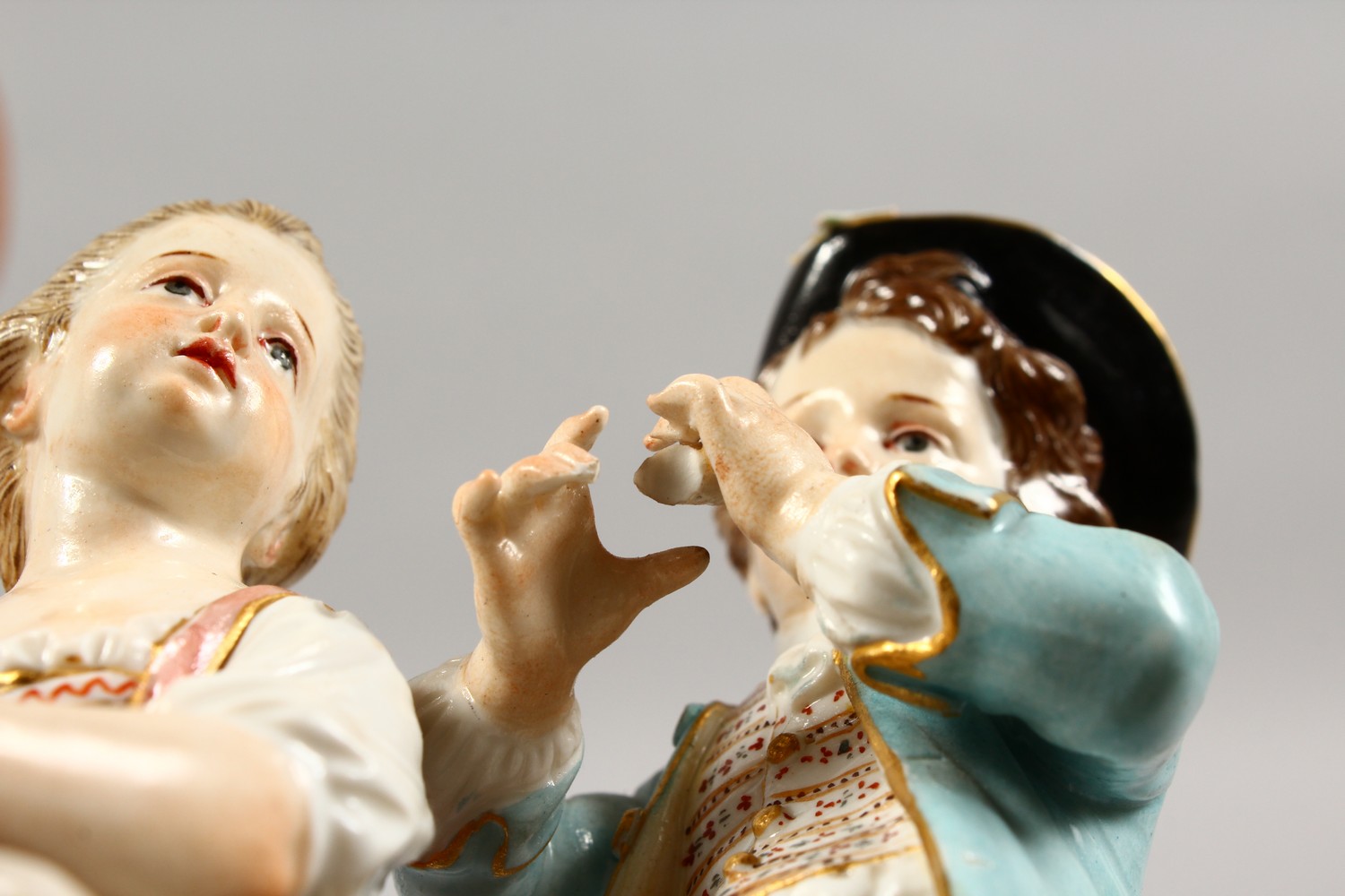 A 19TH CENTURY MEISSEN PORCELAIN GROUP OF A BOY AND GIRL, with goat and fruiting vines. Cross swords - Image 5 of 10