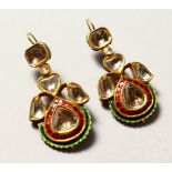 A MATCHING PAIR OF GOLD, DIAMOND AND RUBY DROP EARRINGS.