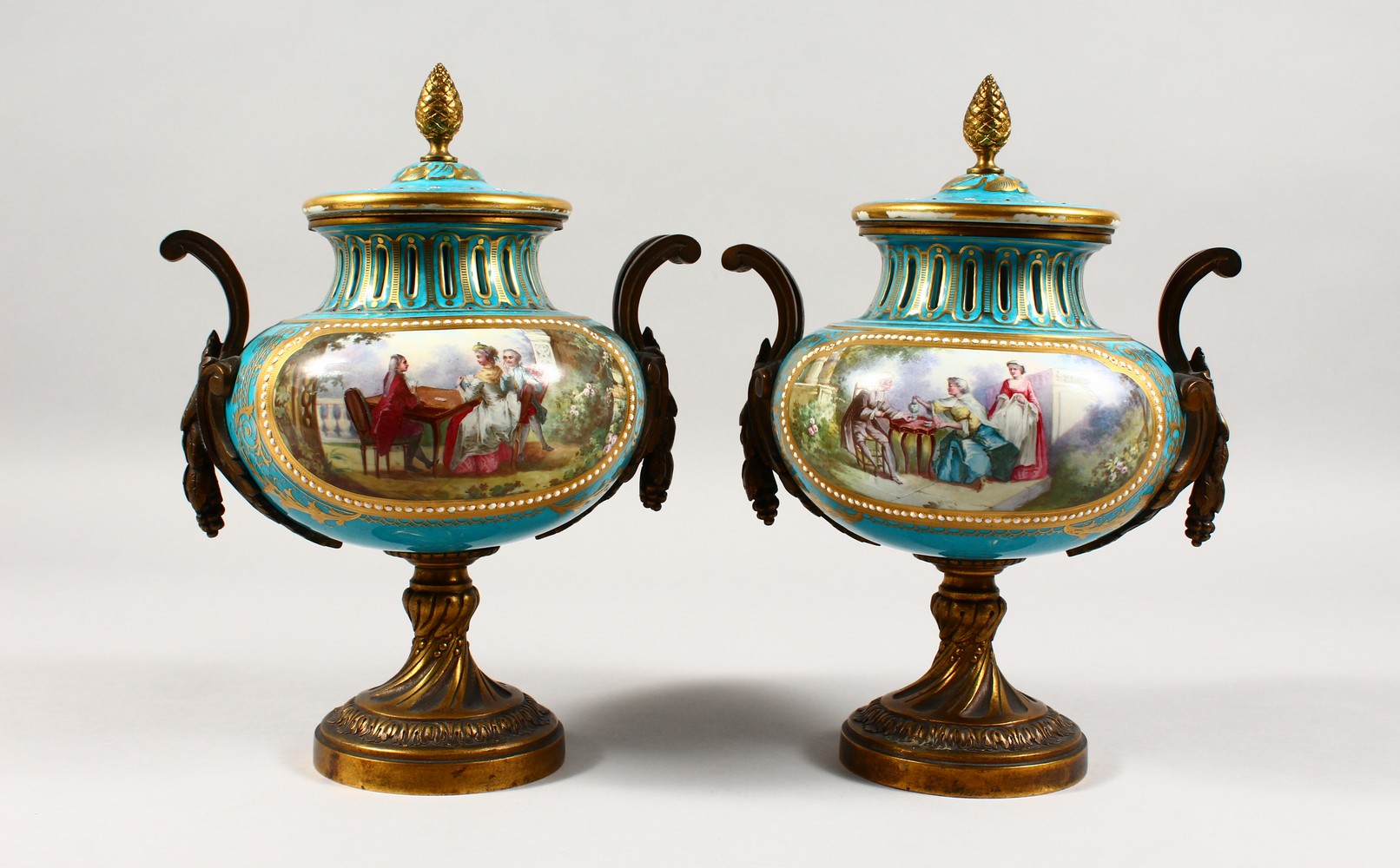 A SUPERB PAIR OF 19TH CENTURY SEVRES PORCELAIN URNS AND COVERS, pale blue ground, painted with - Image 9 of 14