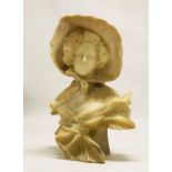 A GOOD LARGE LATE 19TH CENTURY CARVED ALABASTER BUST OF A YOUNG LADY, wearing a bonnet. 2ft 4ins